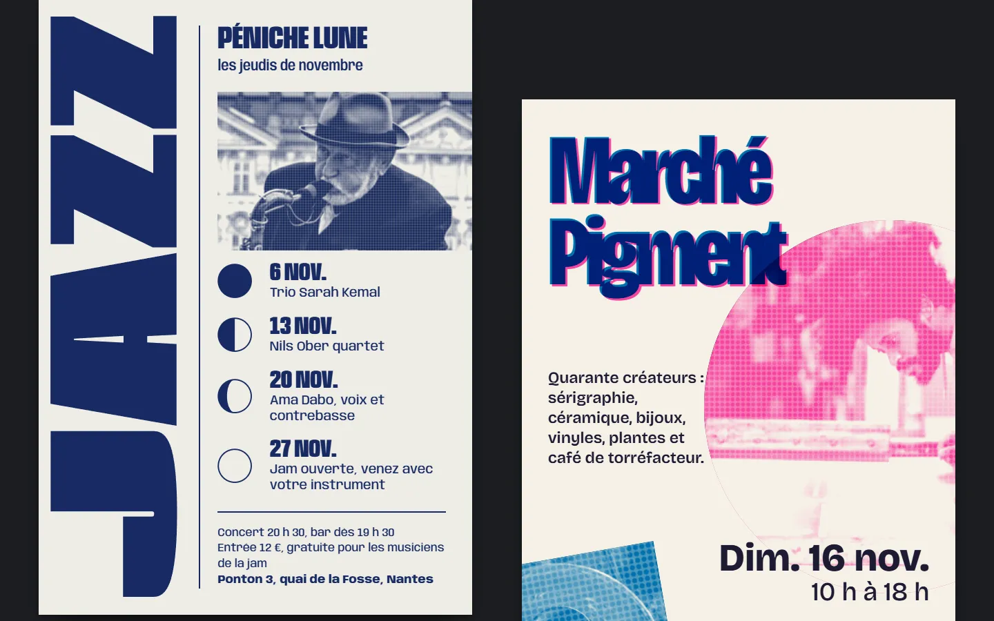 Deux flyers : « Jazz » en grandes lettres bleu nuit pour la Péniche Lune, et « Marché Pigment » en rose et bleu