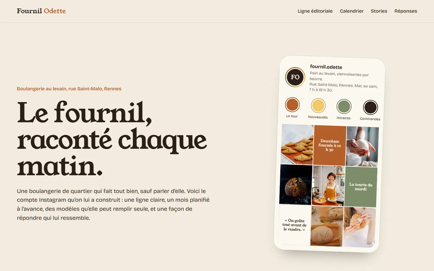 Concept Fournil Odette : le titre « Le fournil, raconté chaque matin » et le profil Instagram de la boulangerie