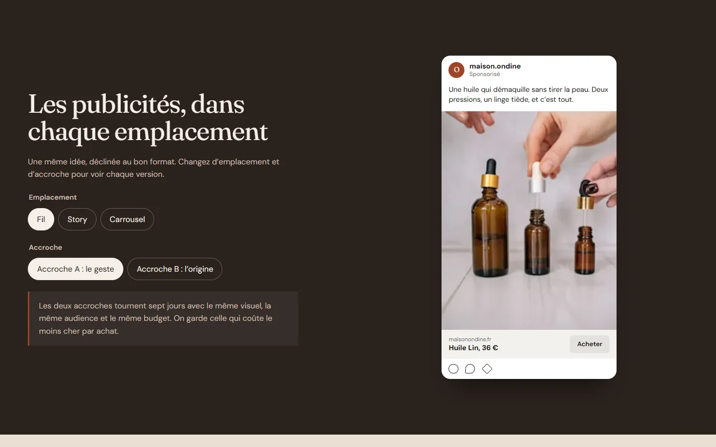Concept de campagne Meta pour Maison Ondine : une publicité Instagram pour l’Huile Lin et les réglages d’emplacement et d’accroche