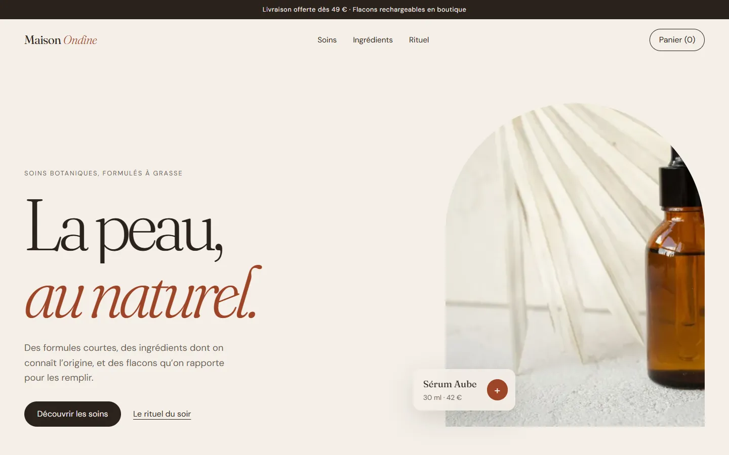 Accueil du concept Maison Ondine : titre « La peau, au naturel » et flacon ambré